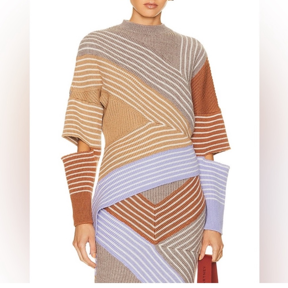 Stella McCartney 3D Striped Ribbed Knit Virgin Wool Asymmetric Sweater EU 48/12